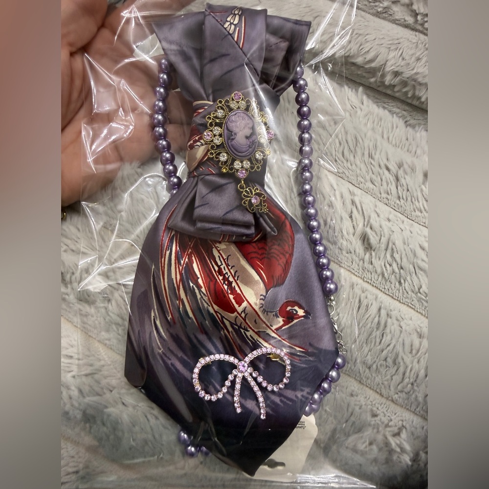Upcycle Elegant Purple and Red cameo Brooch Tie Necklace
